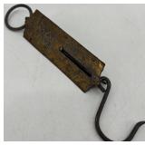 Lot of Antique Hanging Spring Scales, Champion 6-Lever Padlock, and Vintage Artisan Metal Card Holder