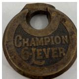 Lot of Antique Hanging Spring Scales, Champion 6-Lever Padlock, and Vintage Artisan Metal Card Holder