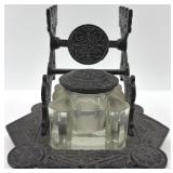 Antique Cast Iron and Glass Inkwell with Ornate Victorian Design