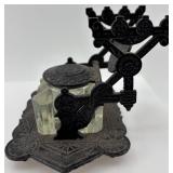 Antique Cast Iron and Glass Inkwell with Ornate Victorian Design