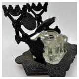 Antique Cast Iron and Glass Inkwell with Ornate Victorian Design