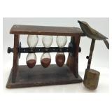 Antique Rotating Wooden Hourglass Timer and Cast Brass Bird Whistle