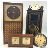 Vintage and Antique Clock Collection with Wooden Cases and Spare Clock Faces FOR PARTS OR REPAIR