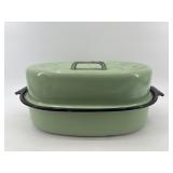Vintage Green Enamel Roasting Pan with Lid