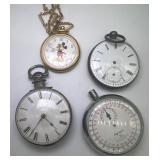 Lot of 4 Vintage Pocket Watches and Stopwatch Including Mickey Mouse Lorus
