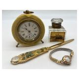 Antique Desk Set with Seth Thomas Clock, Caravelle Watch, Inkwell, and Letter Opener
