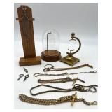 Collection of Antique Pocket Watch Chains, Stands, Glass Dome, and Winding Keys