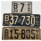 Set of 3 Vintage Minnesota License Plates 1928, 1933, 1936