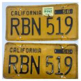Pair of 1956 California Yellow License Plates with 1962 Tag