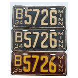 Set of 3 Vintage Minnesota License Plates from 1934 and 1935