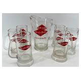 Grain Belt Beer Glass Pitcher with 6 Matching Mugs
