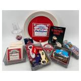 Barware Lot with Budweiser Tray, Coasters, Bottle Openers, Book, and Playing Cards