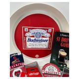 Barware Lot with Budweiser Tray, Coasters, Bottle Openers, Book, and Playing Cards