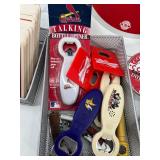 Barware Lot with Budweiser Tray, Coasters, Bottle Openers, Book, and Playing Cards