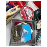 Barware Lot with Budweiser Tray, Coasters, Bottle Openers, Book, and Playing Cards