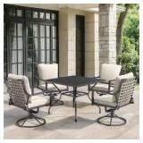 Opohoro Komodo Black 5-Piece Metal Outdoor Dining Set with Square Table, Gray Wicker Backrests, and Beige Cushions Customer Returns See Pictures
