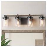 28 in. 4-Light Rust Black Farmhouse Bathroom Vanity Light with Brushed Faux Wood/Gray Accents and Clear Glass Shades by LNC Customer Returns See Pictures