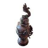 Antique Ornate Bronze Dragon Vase with Lid and Wooden Base