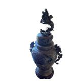 Antique Ornate Bronze Dragon Vase with Lid and Wooden Base