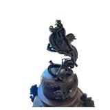 Antique Ornate Bronze Dragon Vase with Lid and Wooden Base