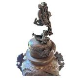 Antique Ornate Bronze Dragon Vase with Lid and Wooden Base