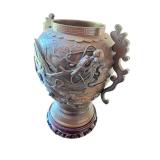 Antique Ornate Bronze Dragon Vase with Lid and Wooden Base