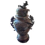 Antique Ornate Bronze Dragon Vase with Lid and Wooden Base