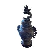 Antique Ornate Bronze Dragon Vase with Lid and Wooden Base