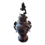 Antique Ornate Bronze Dragon Vase with Lid and Wooden Base