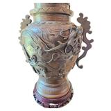 Antique Ornate Bronze Dragon Vase with Lid and Wooden Base