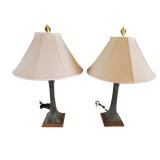 Pair of Modern Table Lamps with Patinated Metal Bases and Fabric Shades