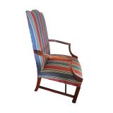 Upholstered Armchair with Striped Fabric and Wooden Frame