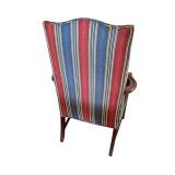 Upholstered Armchair with Striped Fabric and Wooden Frame