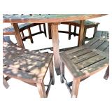 Round Wooden Outdoor Patio Table with 4 Curved Benches