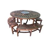 Round Wooden Outdoor Patio Table with 4 Curved Benches