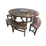 Round Wooden Outdoor Patio Table with 4 Curved Benches