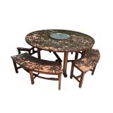 Round Wooden Outdoor Patio Table with 4 Curved Benches