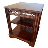 Vintage Wooden End Table with Shelves and Decorative Trim