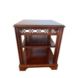Vintage Wooden End Table with Shelves and Decorative Trim