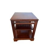 Vintage Wooden End Table with Shelves and Decorative Trim
