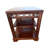 Vintage Wooden End Table with Shelves and Decorative Trim