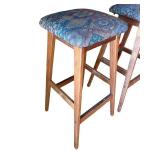 Pair of Upholstered Wood Bar Stools with Patterned Seats