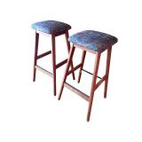 Pair of Upholstered Wood Bar Stools with Patterned Seats
