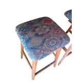 Pair of Upholstered Wood Bar Stools with Patterned Seats