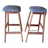 Pair of Upholstered Wood Bar Stools with Patterned Seats