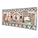 Folk Art Painted Panel with Farm and Floral Scene