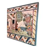 Folk Art Painted Panel with Farm and Floral Scene