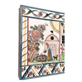 Folk Art Painted Panel with Farm and Floral Scene