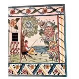 Folk Art Painted Panel with Farm and Floral Scene