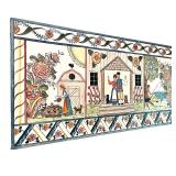 Folk Art Painted Panel with Farm and Floral Scene